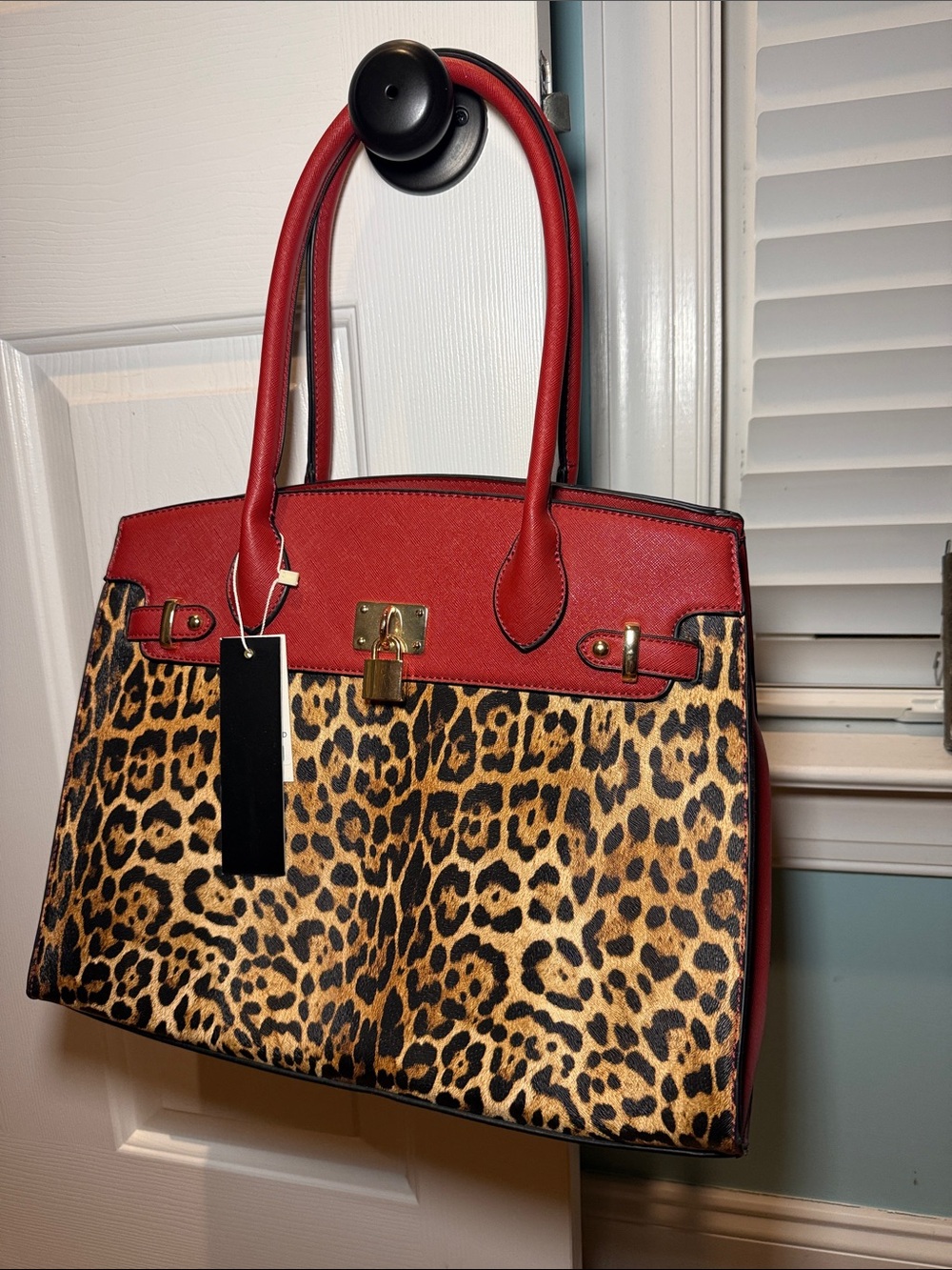 Red and Leopard Print Structured Tote Bag
